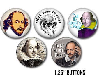 Shakespeare 1.25" Button Pin set, Lot of 5 buttons, Drama theater gift set Button pins, badge