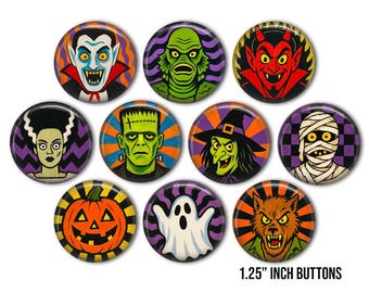 Botones de monstruos de Halloween vintage / Set retro de Frankenstein, Drácula y fantasmas