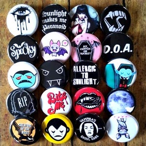 Vampire Goth Buttons, 20-1.25&quot;  Creepy pins, Bat buttons, Coffin Buttons, Scary button, pin, badge, Magnet