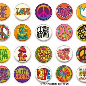 以下が含まれることがあります： レトロでサイケデリックなテーマの、20個の直径3.18 cmのピンバックボタンのコレクション。ボタンには、平和のシンボル、花、「Peace and Love」、「Flower Power」、「Make Love Not War」などのフレーズが描かれています。色はオレンジ、黄色、紫、緑などです。