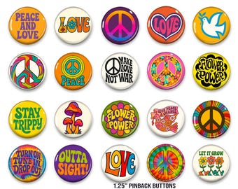 Juego de botones hippies retro: pines de la paz con el símbolo de la flor de los años 60 (juego de 20)
