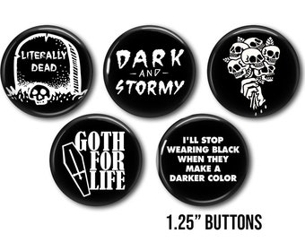 Botones góticos, lote de 5 botones emo de 1,25", estilo gótico post punk, insignias, imanes y pines.