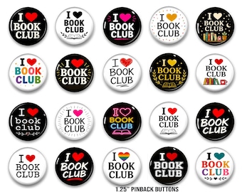 Botones "Me encantan los clubes de lectura" – Set de pines para lectores, estilo literario, 20 unidades