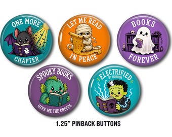 Conjunto de botones para amantes de los libros / Pines de lectura espeluznantes / Botones de Halloween de fantasmas, momias, Frankenstein y murciélagos / Regalo para lectores