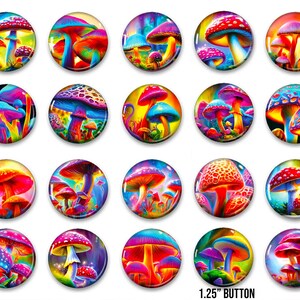 Könnte beinhalten: Eine Sammlung von zwanzig runden Knöpfen mit einem Durchmesser von jeweils 3,175 cm, die lebendige, psychedelische Illustrationen von Pilzen in verschiedenen Farben wie Rot, Blau, Lila und Gelb vor leuchtenden, surrealen Waldhintergründen zeigen.
