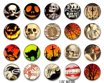 Botones de Halloween, 20 pines vintage de Halloween de 1,25", botones de calavera, recuerdo de fiesta espeluznante, botón, pin, insignia, imán