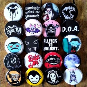 Vampire Goth Buttons, 20-1.25&quot;  Creepy pins, Bat buttons, Coffin Buttons, Scary button, pin, badge, Magnet