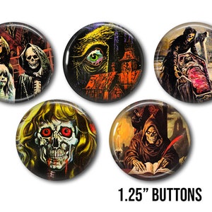 May include: Set of five 1.25" buttons with vintage horror illustrations. The designs feature skeletons, haunted houses, and eerie figures in a spooky, retro style. The buttons are round and glossy, perfect for adding a touch of vintage horror to any collection.