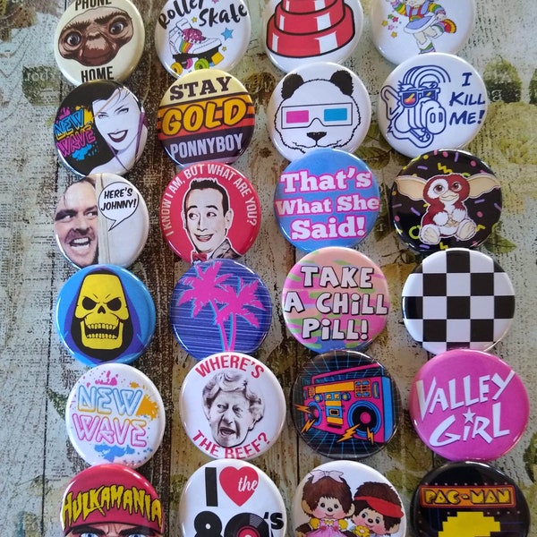 80s Party 20- 1.25" button Pin set , 80s gift, button, pin, badge, Magnet