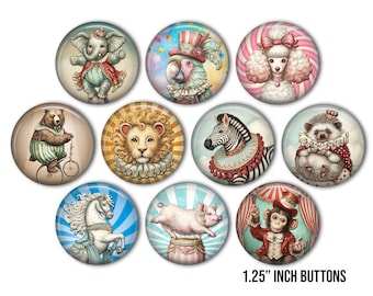 10 Botones Lindos Animales de Circo / Juego de Pines de Carnaval de Libro de Cuentos Vintage / Pines de Elefante, León, Mono, Cebra, Caballo, Erizo, Loro, Cerdo, Caniche,