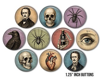 Conjunto de botones de Edgar Allan Poe / Botones con alfiler de Anatomía Gótica, Cuervo, Calavera y Araña / Estilo Dark Academia, Victoriano, Halloween (Conjunto de 10)