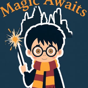 Puede incluir: Ilustración digital de un niño de dibujos animados con gafas, bufanda y varita con una estrella. El texto "Magic Awaits" y "THE BOY WHO LIVED" se muestran sobre un fondo azul oscuro.
