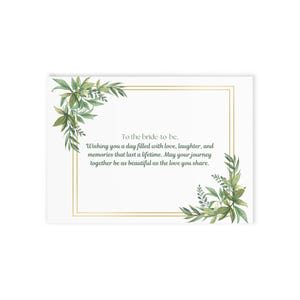 Tarjeta botánica personalizada con deseos de boda, elegante nota navideña con vegetación, celebración para la futura novia, interior en blanco para mensaje personalizado.