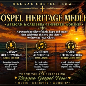 Pu&ograve; includere: Una pubblicit&agrave; di prodotto digitale per Reggae Gospel Flow intitolata Gospel Heritage Medley. L'immagine mostra una spiaggia al tramonto con palme, testo dorato e icone per download, musica e cuffie, indicando una durata di 4 minuti e 49 secondi.