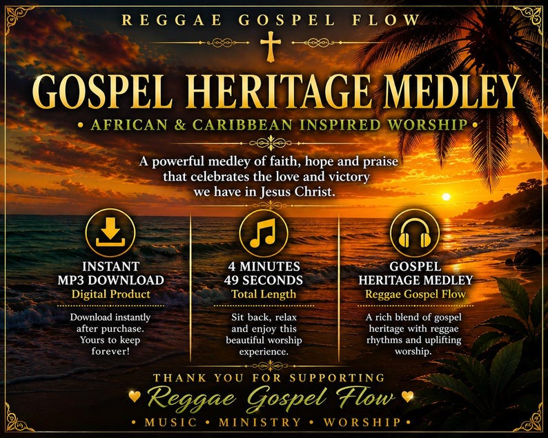 Pu&ograve; includere: Una pubblicit&agrave; di prodotto digitale per Reggae Gospel Flow intitolata Gospel Heritage Medley. L'immagine mostra una spiaggia al tramonto con palme, testo dorato e icone per download, musica e cuffie, indicando una durata di 4 minuti e 49 secondi.