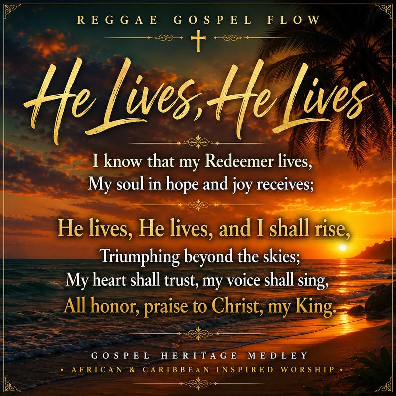 Pu&ograve; includere: Un grafico digitale che mostra un tramonto sull'oceano con sagome di palme. Il testo recita: REGGAE GOSPEL FLOW, He Lives, He Lives, I know that my Redeemer lives, My soul in hope and joy receives; He lives, He lives, and I shall rise.
