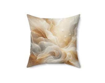 May include: Square throw pillow with a soft, abstract design. The pillow features a swirling pattern in shades of gold, beige, and white, creating a dreamy, cloud-like effect. The design is printed on a square pillow.