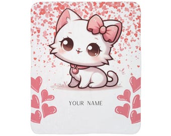 Kitty Fleece Sherpa Blanket, Personalized Gift for Kitty Lovers, Cute Throw for Kids, Cozy Valentines Decor, Unique Kitty Mom Gift