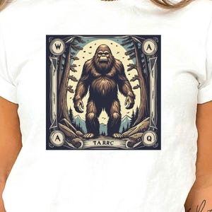 Bigfoot Tarot Style Tee, Sasquatch Graphic Shirt, Mythical Creature T-Shirt, Mystical Cryptid Top, Unisex Jersey Short Sleeve Tee