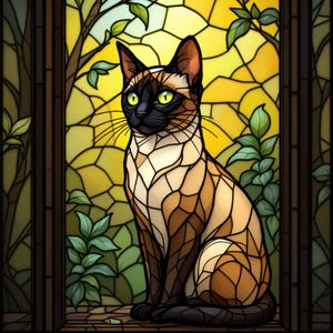 Stained Glass Cat Art PNG | Colorful Home Decor & Unique Gift for Cat Lover | Digital Download Wall Art  | Siamese