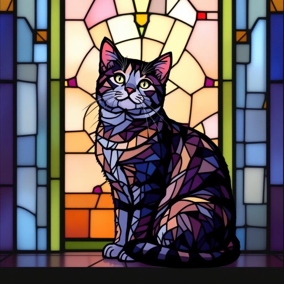 Stained Glass Cat Art Print PNG | Colorful Home Decor & Unique Gift for ...