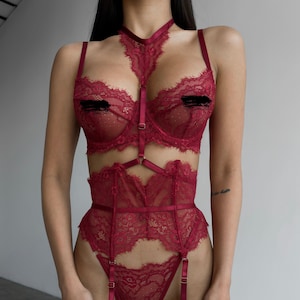 sexy burgundy lingerie Burgundy Satin and Mesh Teddy Lingerie – 3wishes.com main image 0
