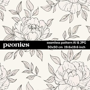 Pfingstrosen, nahtloses Muster: Schablonenstil Blumendruck (AI & JPEG Digital Download)