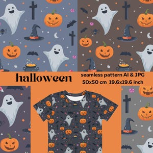 May include: A dark gray t-shirt with a Halloween-themed pattern featuring ghosts, jack-o'-lanterns, witch hats, and bats. The image also shows four seamless patterns with the same Halloween motifs. The text "halloween" and "seamless pattern AI & JPG 50x50 cm 19.6x19.6 inch" are visible.
