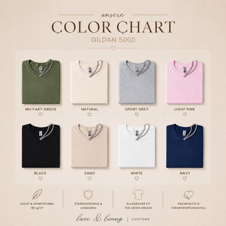 May include: Color chart featuring eight folded t-shirts in various colors: military green, natural, sport grey, light pink, black, sand, white, and navy. Each shirt has a silver chain detail at the neckline. The text "COLOR CHART" is at the top.