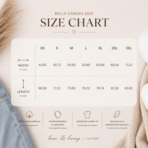 May include: A size chart for Bella Canvas 3001 apparel, with measurements in centimeters. The chart includes width and length measurements for sizes XS to 3XL. The chart also includes icons and text describing the product's features, such as premium cotton and unisex fit.