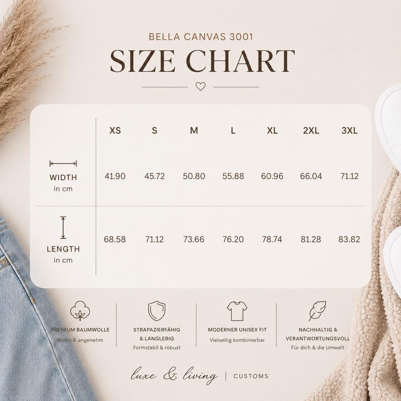 May include: A size chart for Bella Canvas 3001 apparel, with measurements in centimeters. The chart includes width and length measurements for sizes XS to 3XL. The chart also includes icons and text describing the product's features, such as premium cotton and unisex fit.