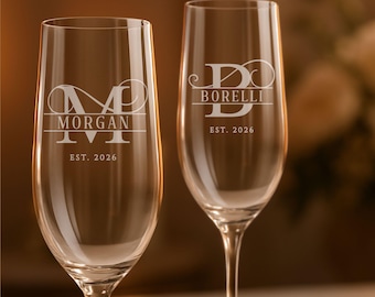 Wedding Flutes Personalised Engraved Champagne Glasses 8 oz Wedding Must Haves Custom Monogram Engagement