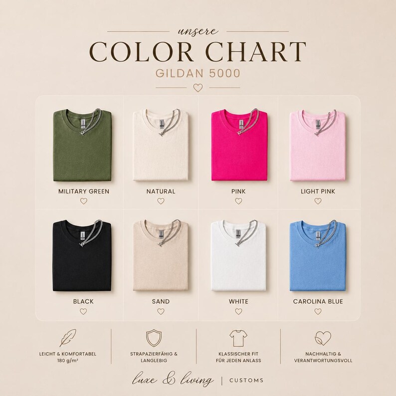May include: A Gildan 5000 color chart displaying eight folded t-shirts in military green, natural, pink, light pink, black, sand, white, and carolina blue. The chart includes text labels for each color and icons for product features.