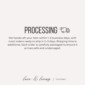 May include: White background with the word "PROCESSING" in a bold, dark font, accompanied by a truck icon. Below, text describes the crafting and packaging process, emphasizing care and safety. The brand name "luxe & living" is at the bottom.
