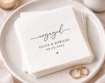 Personalized Engagement Napkins Custom Napkins Bridal Shower Cocktail Wedding Napkins Rustic Table Decor