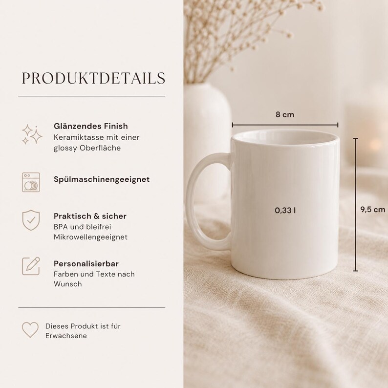 K&ouml;nnte beinhalten: Eine wei&szlig;e Keramiktasse mit gl&auml;nzendem Finish und einem Fassungsverm&ouml;gen von 0,33 Litern. Die Tasse hat einen Durchmesser von 8 cm und eine H&ouml;he von 9,5 cm. Das Bild enth&auml;lt Text mit Produktdetails wie Sp&uuml;lmaschinen- und Mikrowelleneignung.