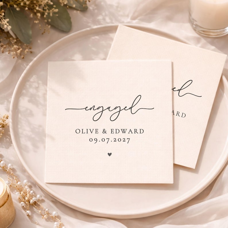 May include: Two off-white square napkins with the word "engaged" in elegant script. Below, the names "Olive & Edward" and the date "09.07.2027" are printed. A small heart is printed below the date. The napkins are on a white plate.