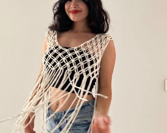 Macramé boho crop-top: handgemaakte mouwloze vijlblouse