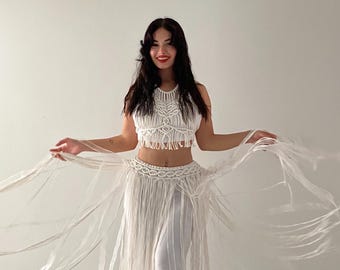 Handgemaakte macramé-jurk met franje: boho-festivaljurk, strandhuwelijksoutfit
