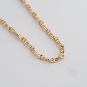 May include: A gold-coloured chain necklace featuring a series of interlocking links. The links have a distinctive shape, resembling a stylized 'D' or a flattened oval. The necklace is set against a plain white background.