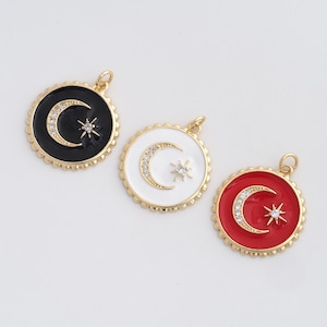 May include: Three celestial-themed pendants in black, white, and red. Each pendant features a crescent moon and star design with rhinestone accents, set within a gold-colored, scalloped frame. These pendants are ideal for jewelry making.