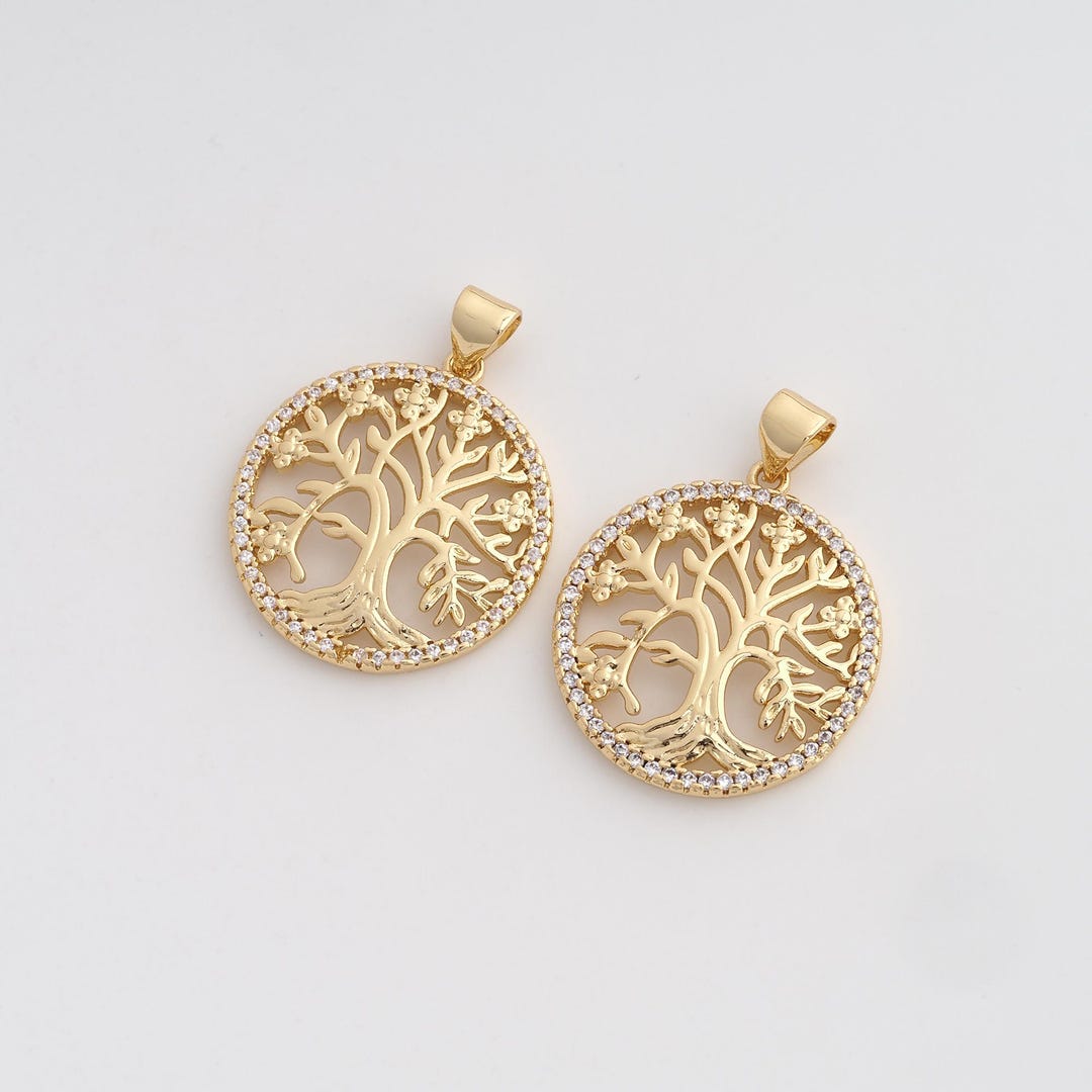 18K Gold Filled Tree of Life Pendant Dainty CZ Round Charms for DIY ...