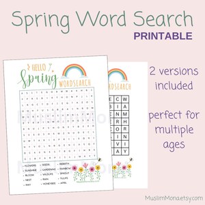 May include: Two printable spring word search puzzles featuring a rainbow and flowers. The word search puzzles include words like "flowers", "seeds", "sunshine", "bloom", "wildlife", "rain", "nest", "honeybee", "April", "May", "gardening", "rainbow", "sprout", "tulips", and "rebirth".
