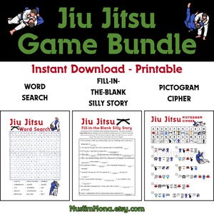 May include: A printable Jiu Jitsu game bundle with three different games: a word search, a fill-in-the-blank silly story, and a pictogram cipher. The games are designed for kids and adults who enjoy Jiu Jitsu.