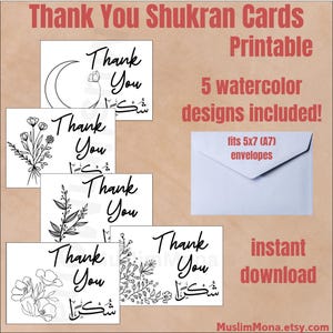 Lot de 5 cartes de remerciement arabes florales, lot de 5 cartes de voeux imprimables