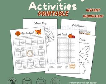 Può includere: Pacchetto stampabile di attività del Ringraziamento con pagine da colorare, cruciverba e giochi di decifrazione di codici. Include un gioco "Trova l'ospite" e contorni di foglie. Con il testo "Download istantaneo!" e "Thank Giving".