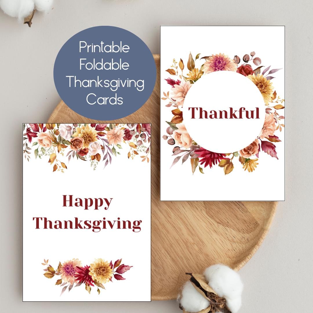 Fall Floral Thanksgiving Cards - Printable Thankful Greetings (digital ...