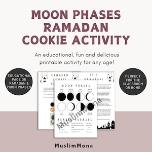 Puede incluir: Una actividad imprimible para aprender sobre las fases de la luna durante el Ramadán. La actividad incluye una ilustración en blanco y negro de las fases de la luna, frases árabes y una actividad de galletas de Ramadán.