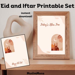 May include: Printable set of two digital illustrations for Ramadan and Eid. The first illustration features a mosque with a crescent moon and palm trees in a peach and brown color scheme. The second illustration features the text "Today's Iftar Time" in a peach and brown color scheme. Both illustrations have a white background.