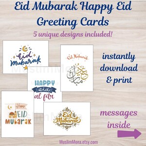 Cartão de felicitações Eid Mubarak, conjunto de 5 cartões para impressão de feliz Eid